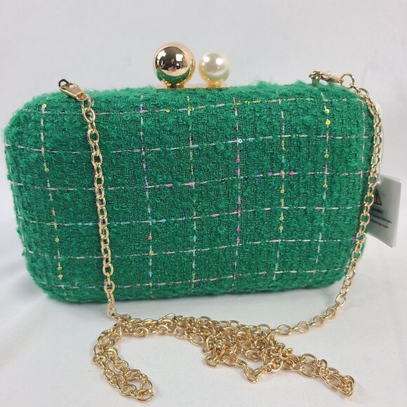 NWT Shiraleah Green Mabel Minaudiere Gold Chain Pearl/Gold Clasp Clutch - Picture 3 of 8